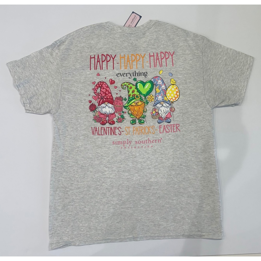 Simply Southern Happy Everything Gnome T-Shirt Gray Holiday Valentine Easter L